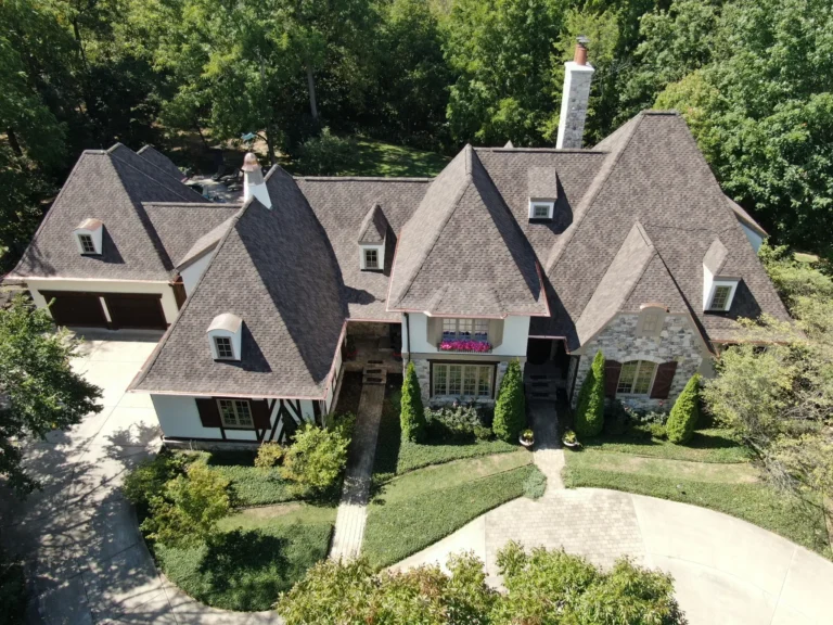 Aerial view of a CertainTeed Presidential Shake roof with custom copper gutters and flashing in Fishers, Indiana