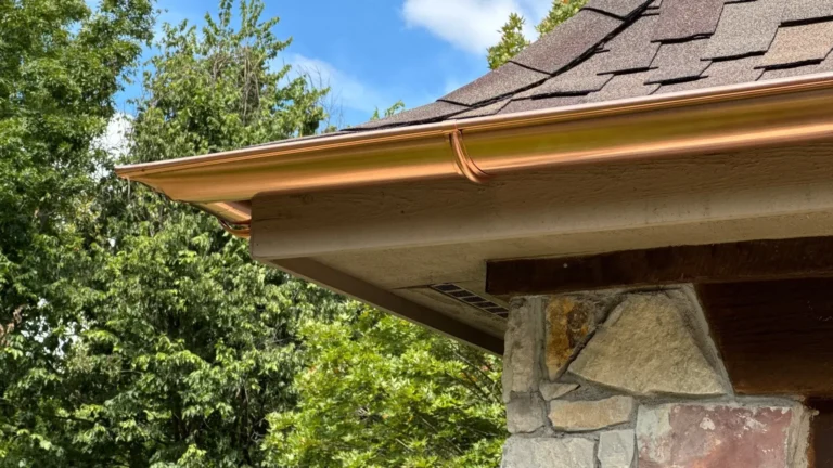 Custom copper gutter installed with CertainTeed Presidential Shake shingles on a Fishers, Indiana home